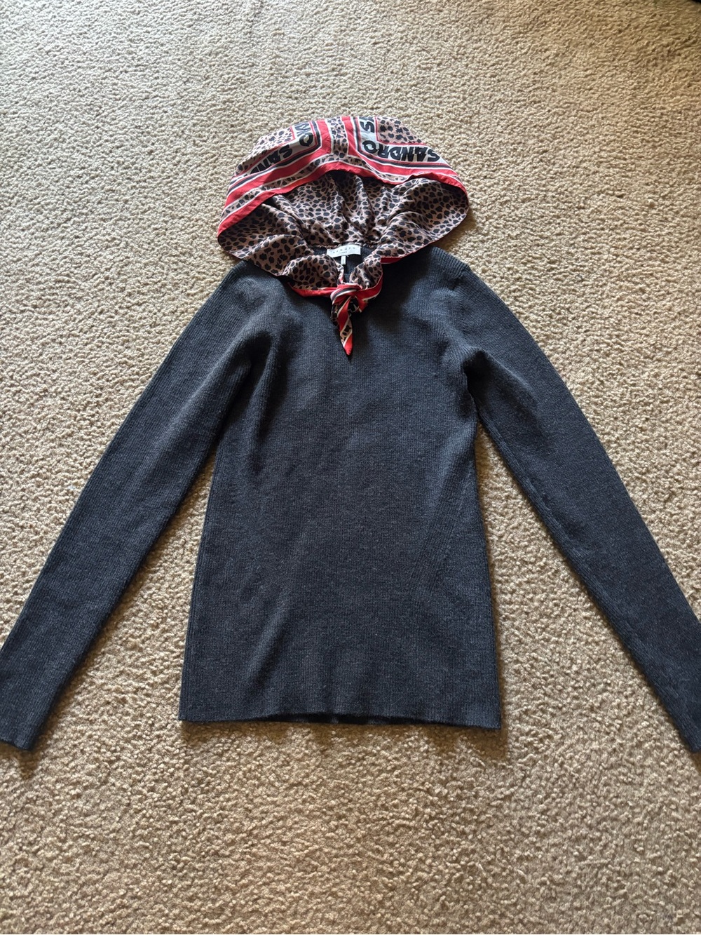Sandro PARIS Women’s  WOOL Blend Gray Bonte Sweater SILK Scarf Hoodie